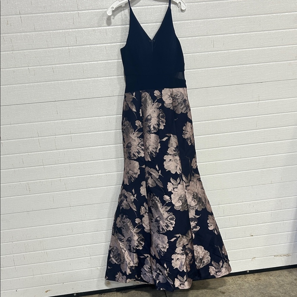 Elegant Navy Maxi Dress with Blush Floral Skirt